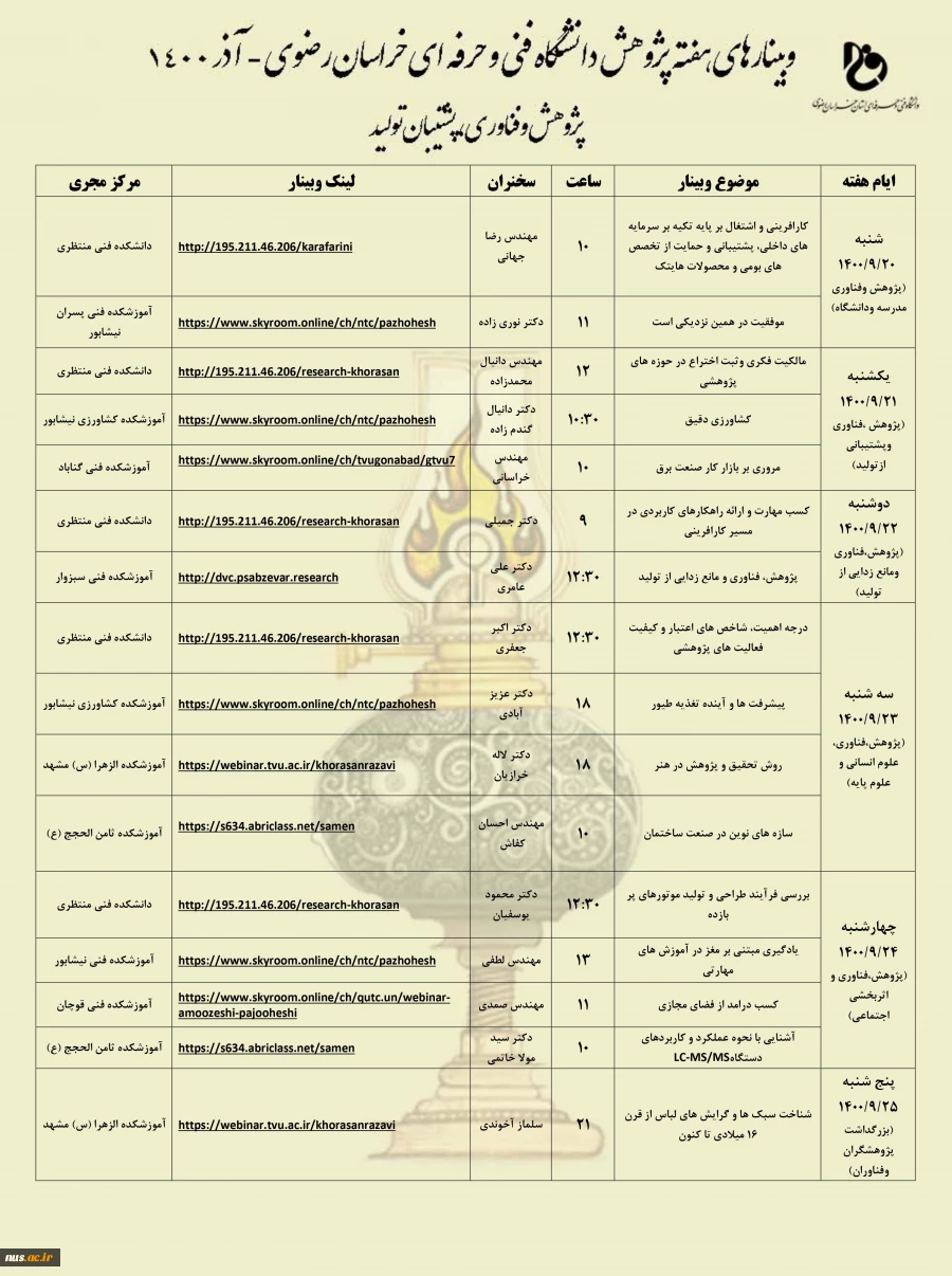 وبینارهای دانشگاه فنی و حرفه ای استان خراسان رضوی به مناسبت هفته پژوهش و فناوری