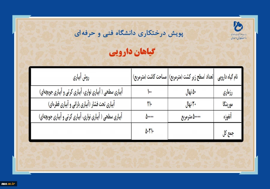 دانشگاه فنی وحرفه‌ای در هفته منابع طبیعی اسفندماه 1400:

غرس بیش از 16619 اصله نهال در فضایی به مساحت بالغ بر 597103 متر مربع در دانشکده‌ها و آموزشکده‌های فنی و حرفه‌ای سراسر کشور 
 9