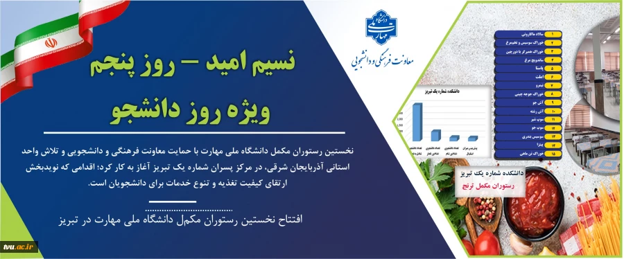 نسیم امید – روز پنجم/ ویژه روز دانشجو
افتتاح نخستین رستوران مکمل دانشگاه ملی مهارت در تبریز؛ گامی تازه برای ارتقای کیفیت خدمات تغذیه دانشجویی 2